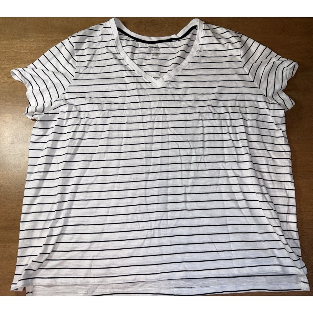 Falls Creek Womens 2X White Navy Striped V-Neck Short Sleeve Slub Knit T-Shirt